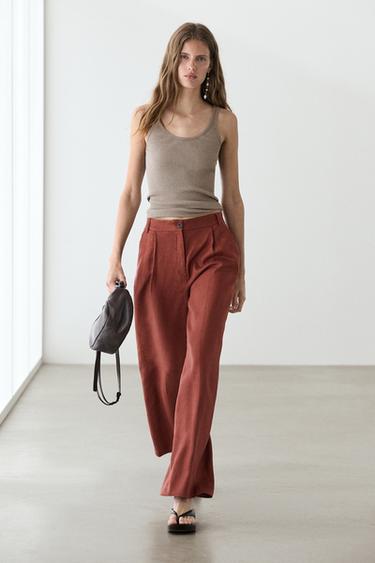 Zara 100% linen wide-leg elasticated trousers - Taupe