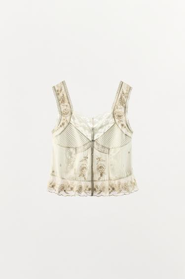 PLEATED TOP WITH EMBROIDERY AND BEADING - Ecru by Zara - Image 4