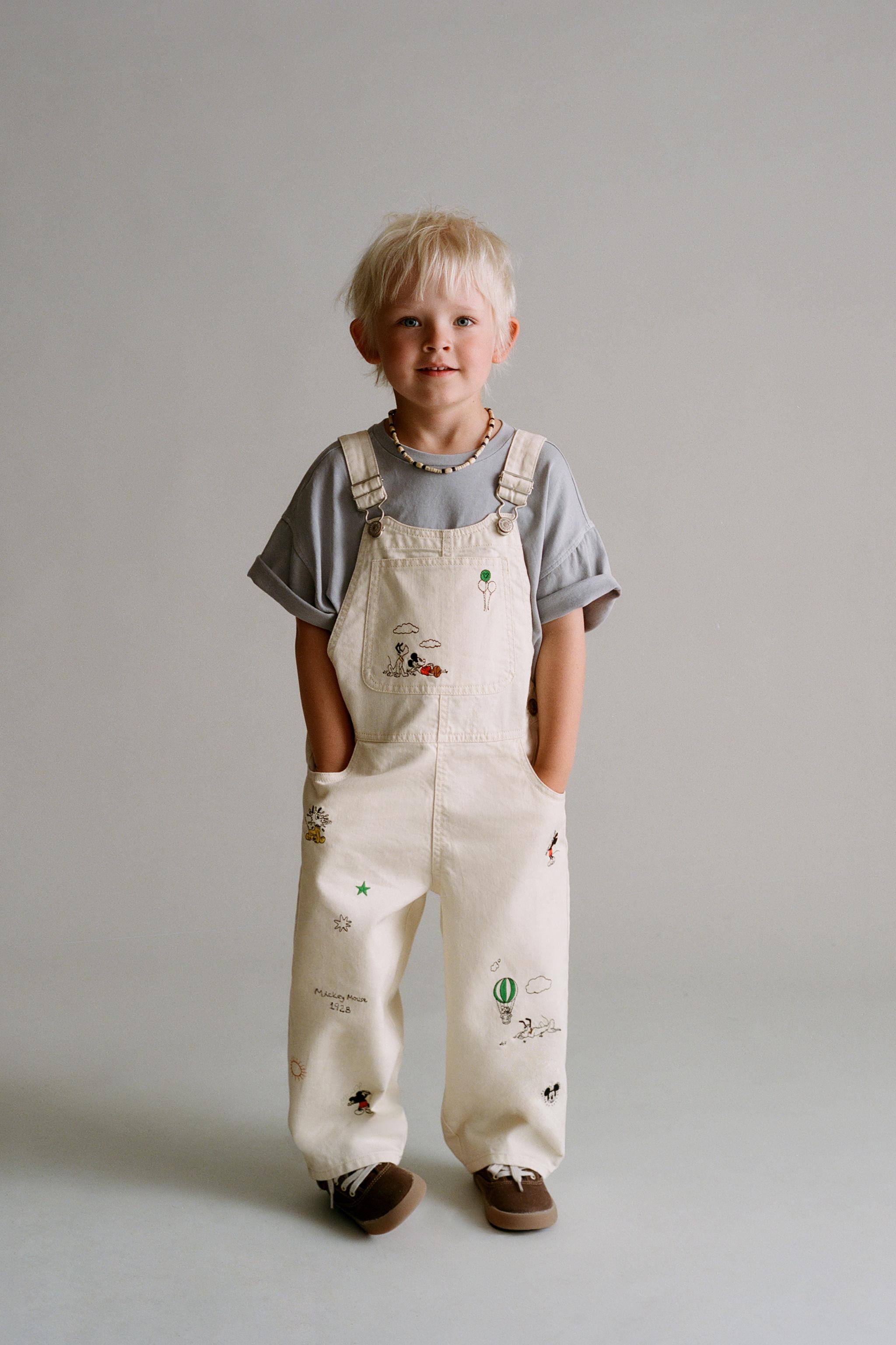 MICKEY MOUSE © DISNEY EMBROIDERED TWILL OVERALLS — Ecru