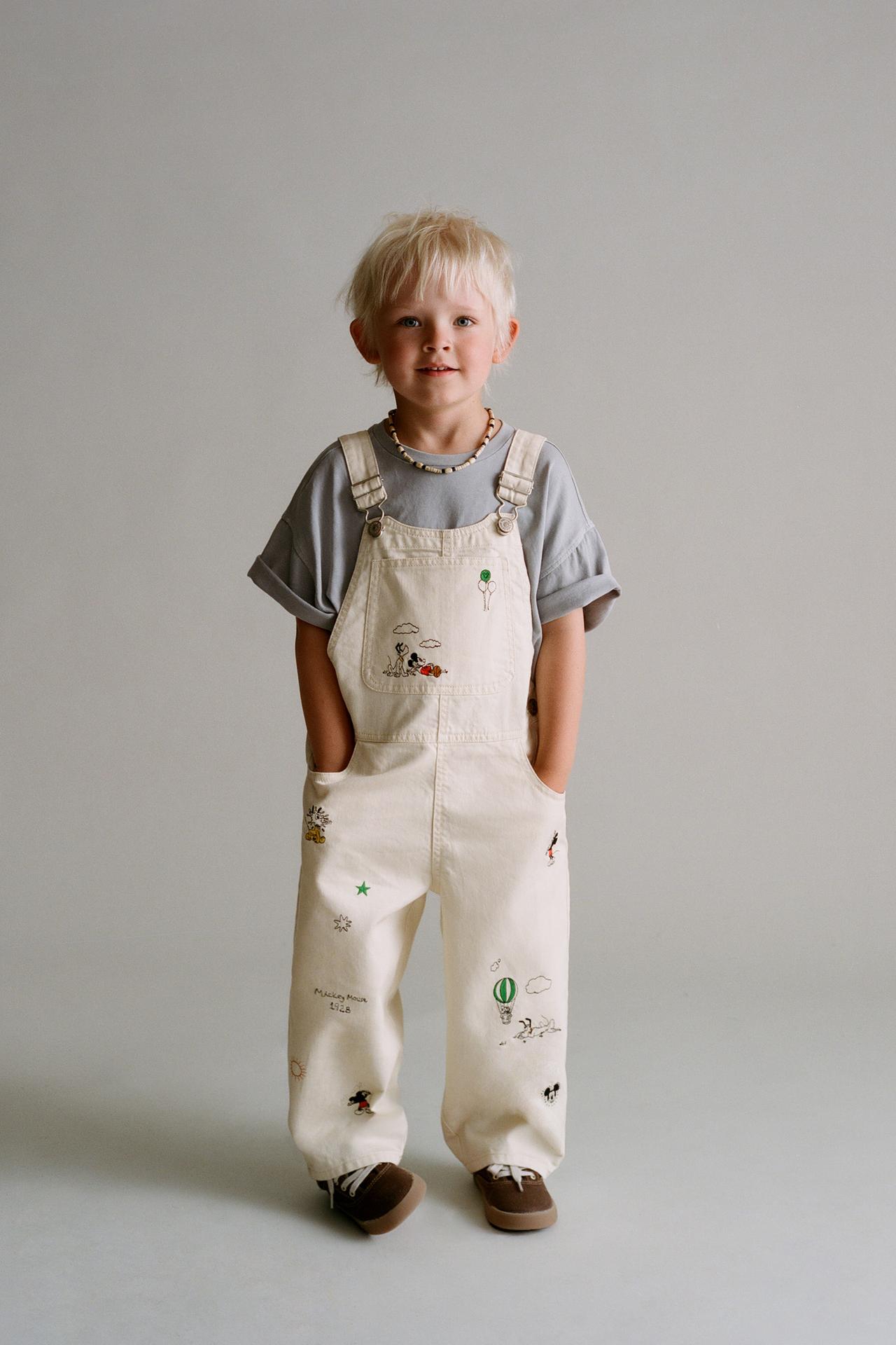 MICKEY MOUSE © DISNEY EMBROIDERED TWILL OVERALLS — Ecru