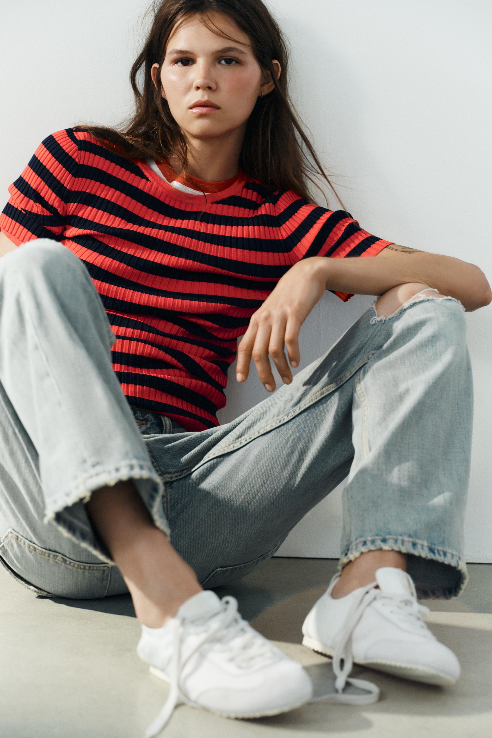 STRIPED RIB KNIT TOP — Red / Navy