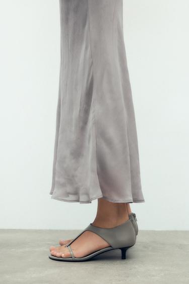 LEATHER KITTEN-HEEL SANDALS - Light grey by Zara - Image 2