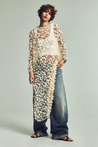 Zara SEQUIN MAXI DRESS - Ecru