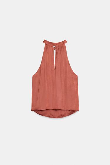 Zara SATIN EFFECT HALTER TOP - MARSALA