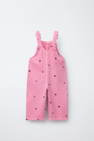 TWILL DUNGAREES WITH EMBROIDERED FLOWERS - Pink by Zara - Image 1