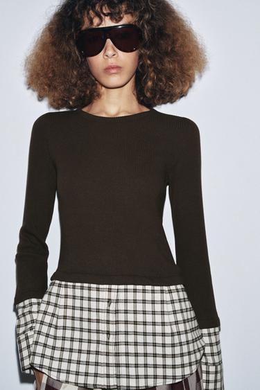 T-SHIRT COMBINÉ À CARREAUX - Marron de Zara - Image 4