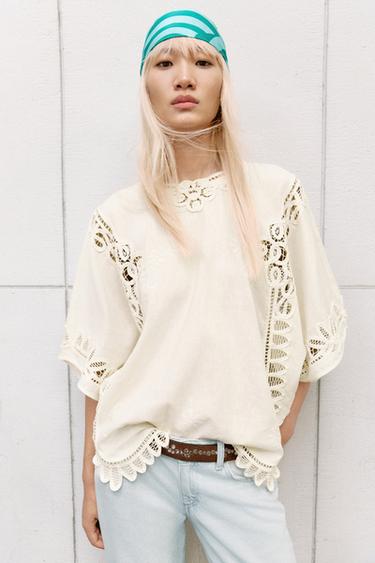 ZW COLLECTION EMBROIDERED LINEN BLEND BLOUSE - Ecru by Zara