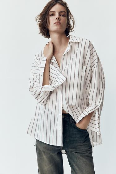 CAMISA RAYAS BOTONES - Blanco / Granate de Zara