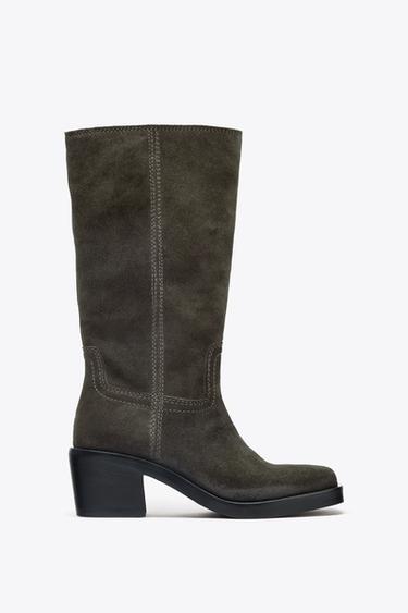 Zara SPLIT LEATHER TOPSTITCHED BOOTS - Khaki Green