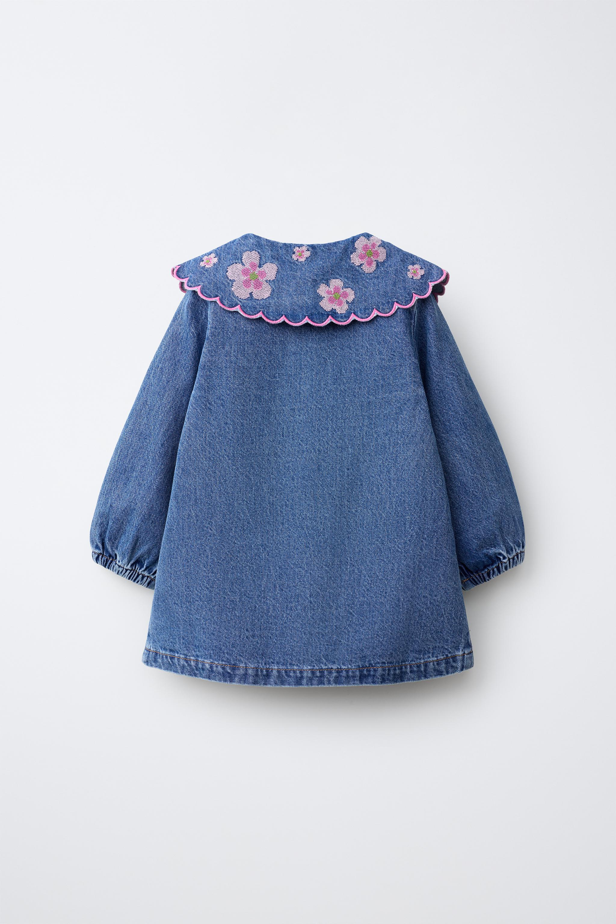 FLORAL EMBROIDERED DENIM DRESS — Blue