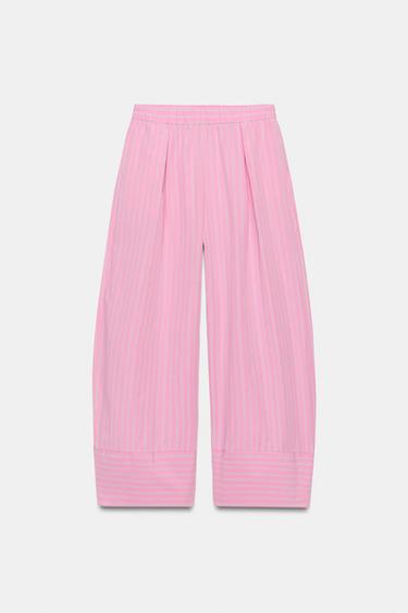 STRIPED POPLIN WIDE-LEG TROUSERS - Pink / White by Zara - Image 9