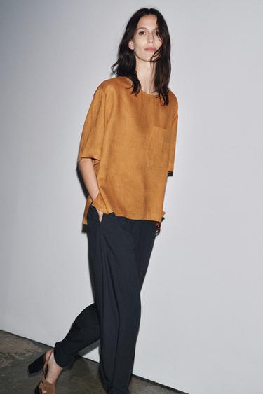 Zara ZW COLLECTION LINEN SHORT SLEEVE TOP - Ocher
