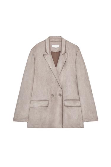 Front view of a taupe brown blazer with a notched lapel collar, long sleeves, front flap pockets, and a double-breasted button closure.