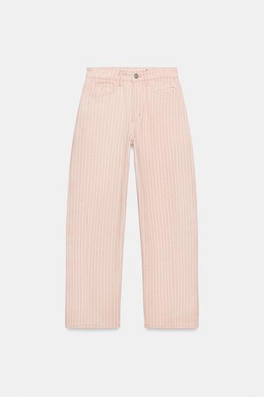 Zara ZW COLLECTION 中腰直筒休閒條紋九分牛仔褲 - 粉紅色