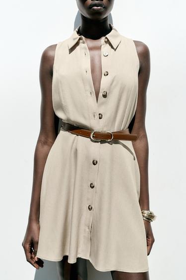 Zara BELTED MINI DRESS - Beige