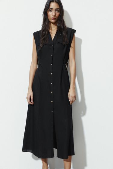 BUTTONED LINEN BLEND MIDI DRESS - Black by Zara