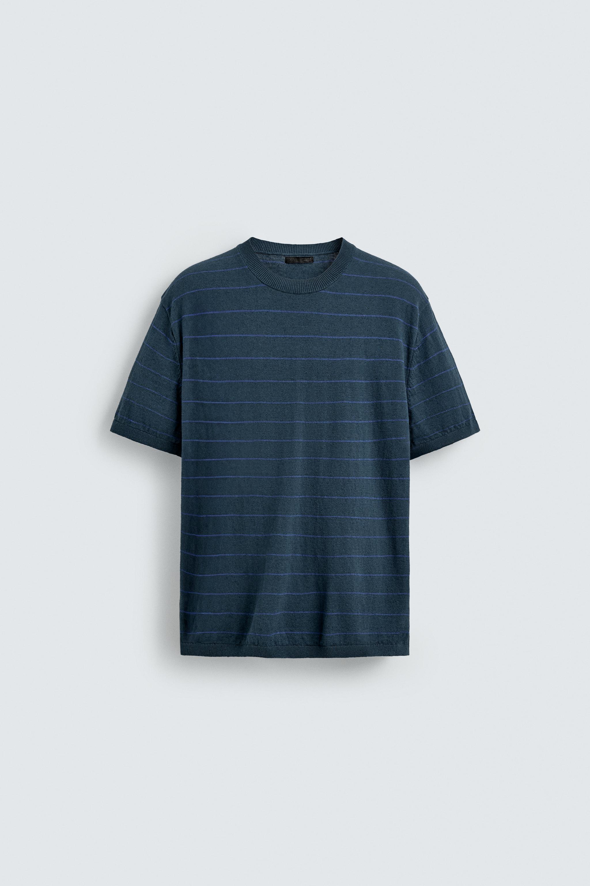 STRIPED COTTON/LINEN KNIT T-SHIRT - Blue | ZARA United Kingdom