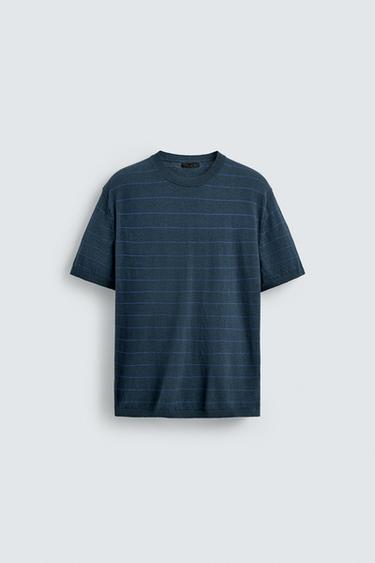 STRIPED COTTON/LINEN KNIT T-SHIRT - Blue by Zara
