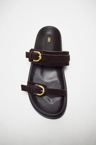 SUEDE SANDALS WITH BUCKLES - Chocolate Brown by Zara