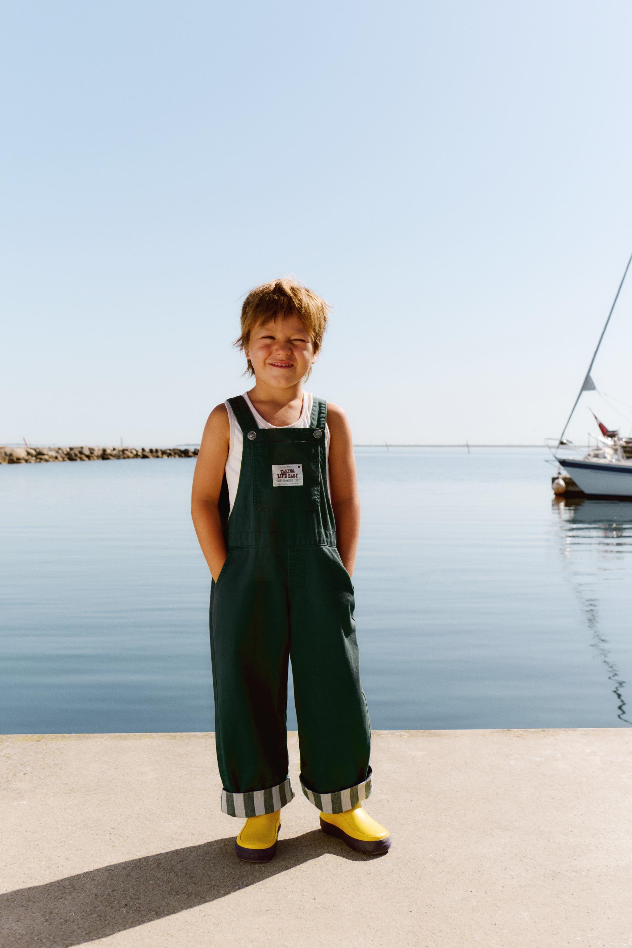 LONG STRIPED TWILL OVERALLS WITH CUFFED HEM — Green