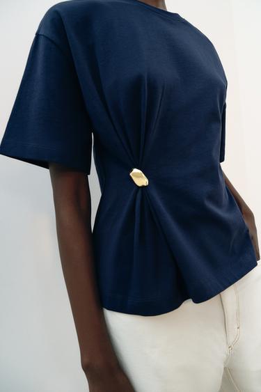 Zara HEAVY COTTON APPLIQUÉ T-SHIRT - Navy blue