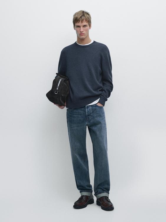 Denim-effect crew neck knit sweater
