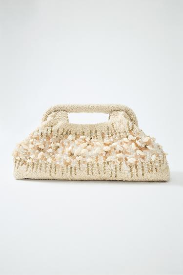 Zara BEADED POUCH BAG - Ecru