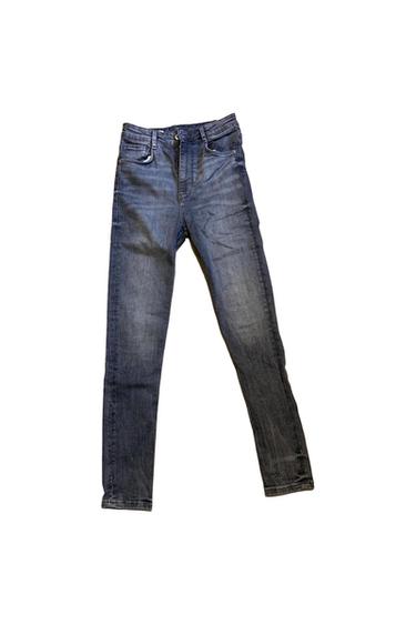 Blue, straight-leg jeans with a worn effect, five pockets, and button and zip fastening, on a white background.