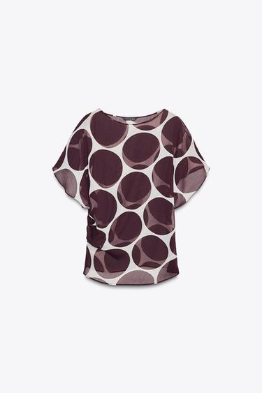 SHEER POLKA DOT TOP - Ecru / Maroon by Zara - Image 7