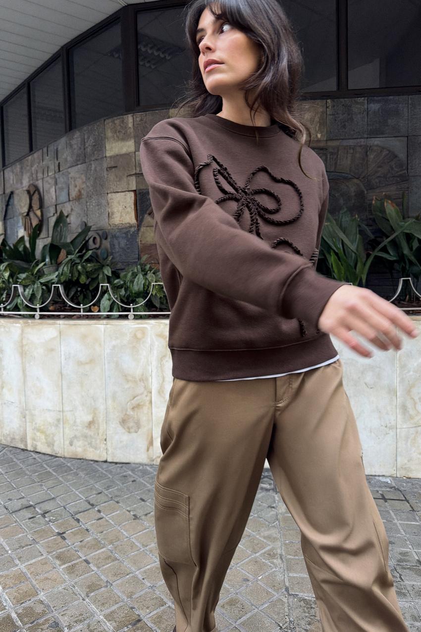 レリーフリボンスウェットシャツ - ブラウン | ZARA Japan / 日本