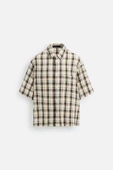CHEMISE À CARREAUX TEXTURÉE - Marron-Bleu de Zara - Image 6