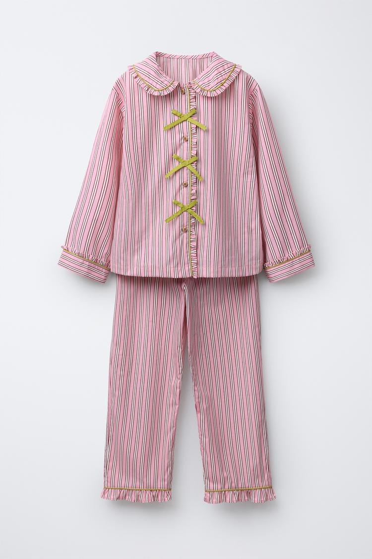 6-14 ANS/ PYJAMA CHEMISE LACETS ET PANTALON RAYURES Rose ZARA
