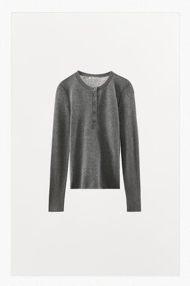 BUTTONED COTTON BLEND KNIT T-SHIRT - Grey by Zara
