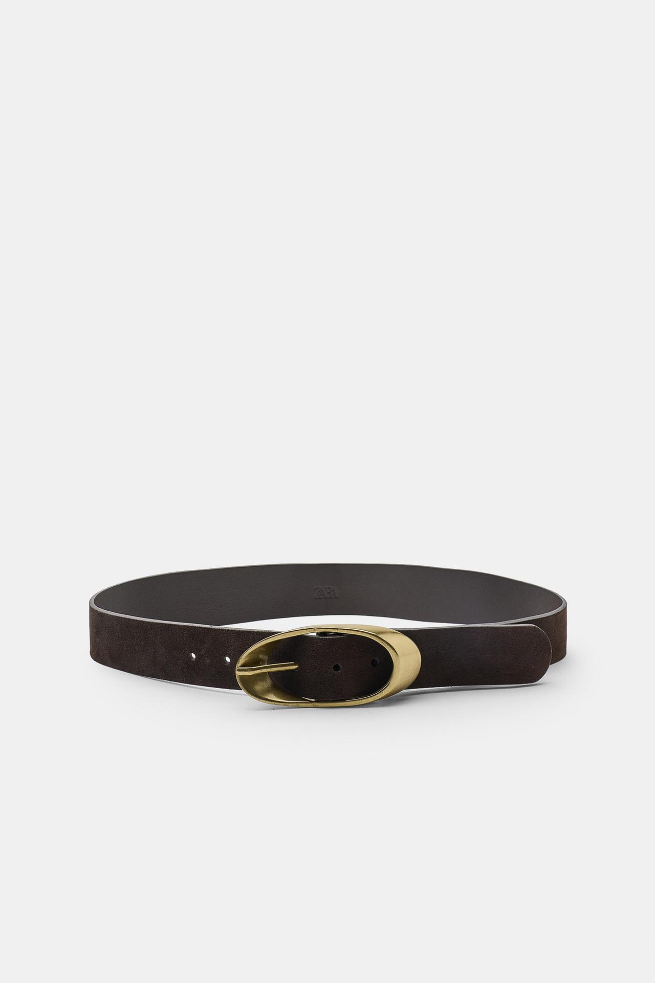 100% LEATHER BELT WITH OVAL BUCKLE — Brown
