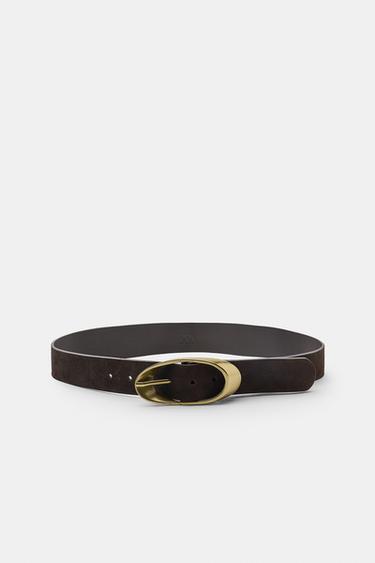 100% LEATHER BELT WITH OVAL BUCKLE — Brown 2