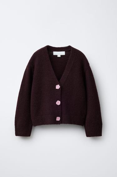 Zara CARDIGAN WITH SATIN FLOWER BUTTONS - Burgundy - Image 0