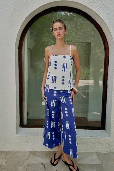 PANTALÓN CULOTTE ESTAMPADO LAZOS - Azul/Branco de Zara - Imaxe 0
