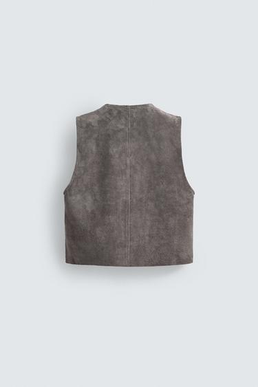RELAXED FIT SUEDE LEATHER GILET - Grey by Zara - Image 7