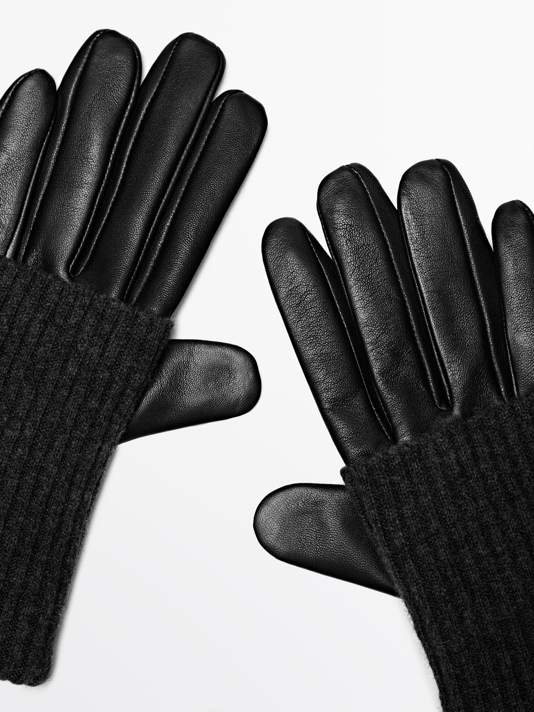 Gants bi-matière en cuir nappa et maille