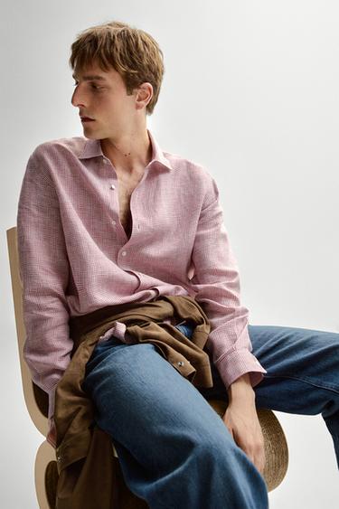 Zara 100% linen regular fit micro-checked shirt - Intense red