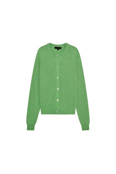 Front view of a green cardigan with silver buttons.