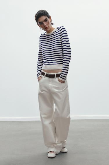 STRIPED KNIT SWEATER - Ecru / Blue by Zara