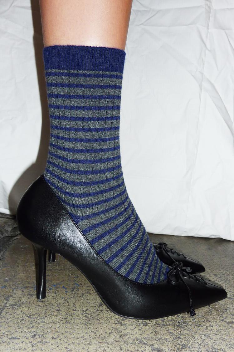 STRIPED RIBBED PRINTED SOCKS — Blue
