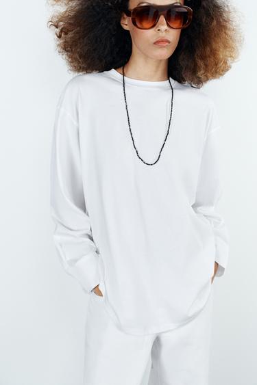 CONTRAST LONG SLEEVE T-SHIRT - White by Zara