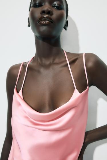 SATIN DRESS WITH COWL NECKLINE - Dark pink by Zara