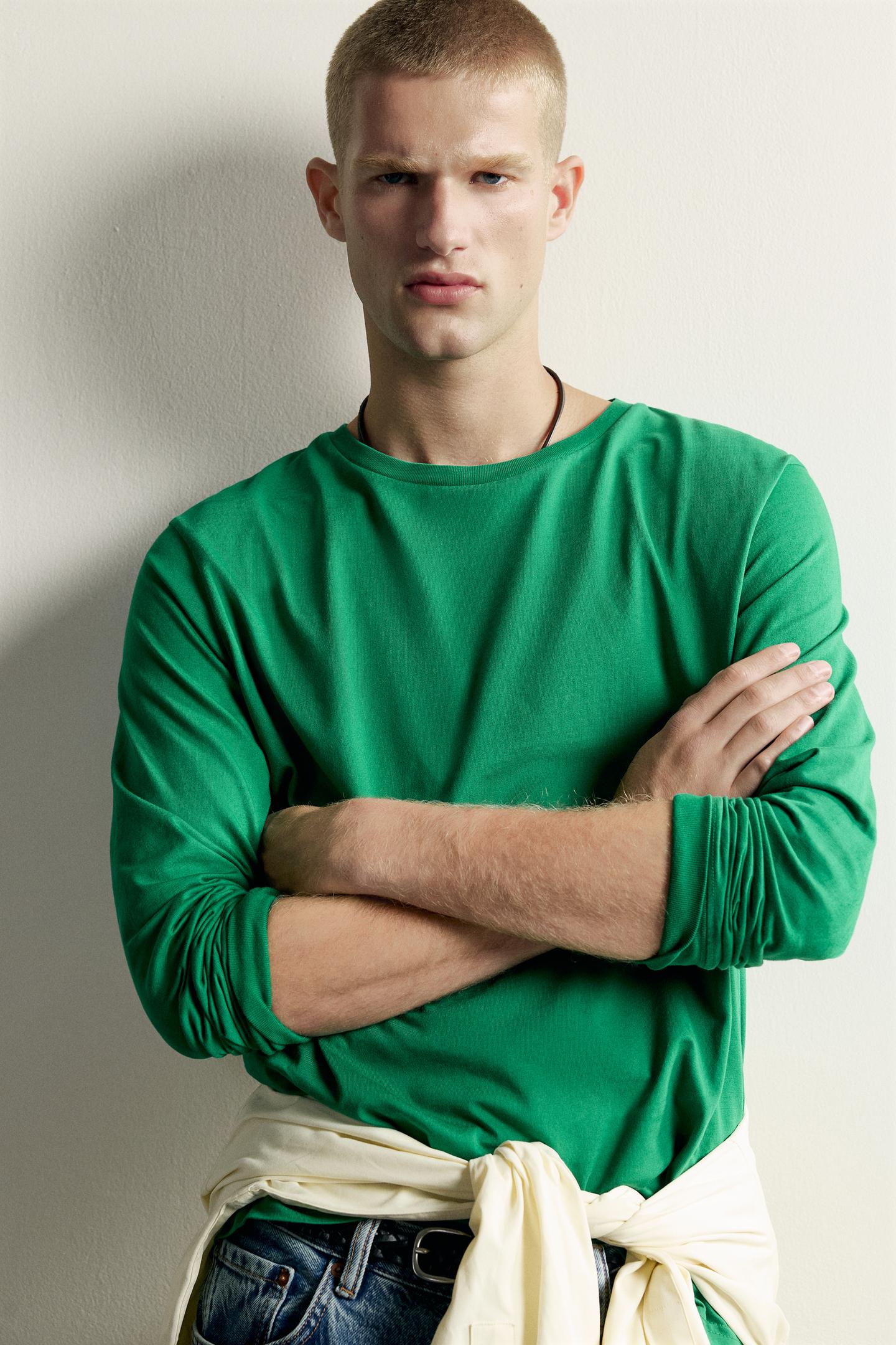 Мужская футболка Zara Relaxed Fit Long Sleeve, цвет: Зелёный — фото 5