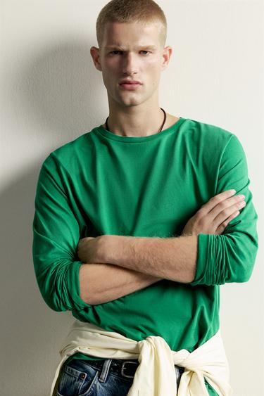 RELAXED FIT LONG SLEEVE T-SHIRT - Green by Zara