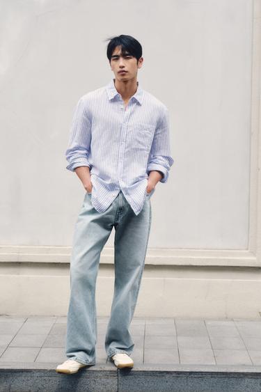 Zara 標準版亞麻/棉質襯衫 - 藍色 / 白色