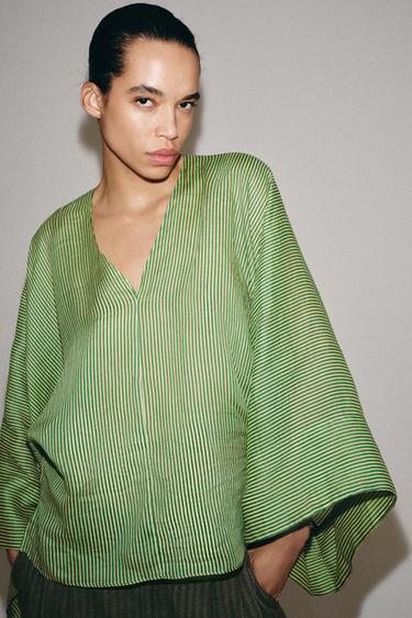 ÁO SƠ MI KẺ SỌC RAMIE ZW COLLECTION - Xanh lục/Nâu nhạt từ Zara
