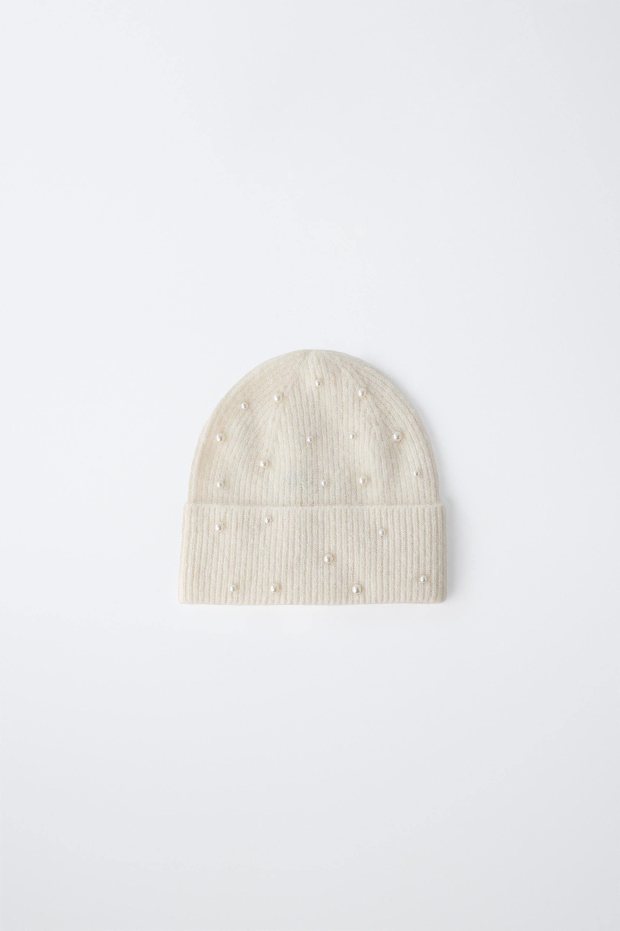 KNIT HAT WITH FAUX PEARLS — Ecru
